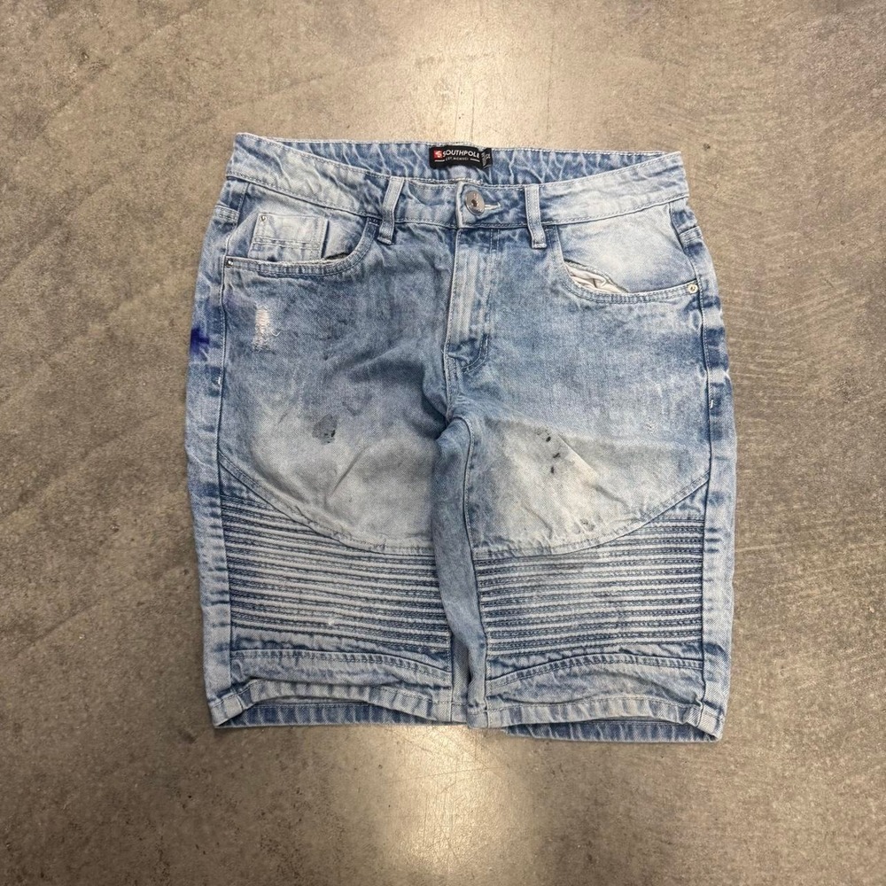 Southpole Moto Denim Shorts Mens 32 Light Wash Biker Ribbed Jean Shorts